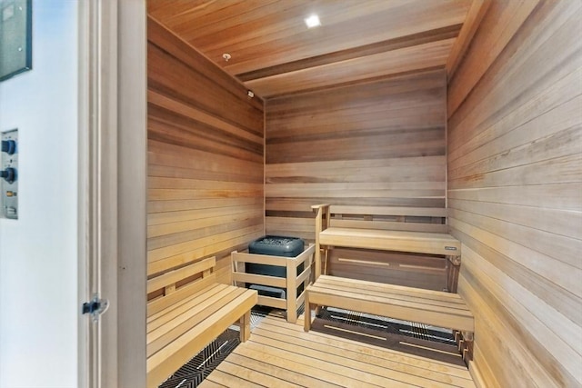 191 Washington St Unit 524, Boston, MA 02135 - relaxing sauna / steam room with wooden walls, wooden ceiling, and recessed lighting