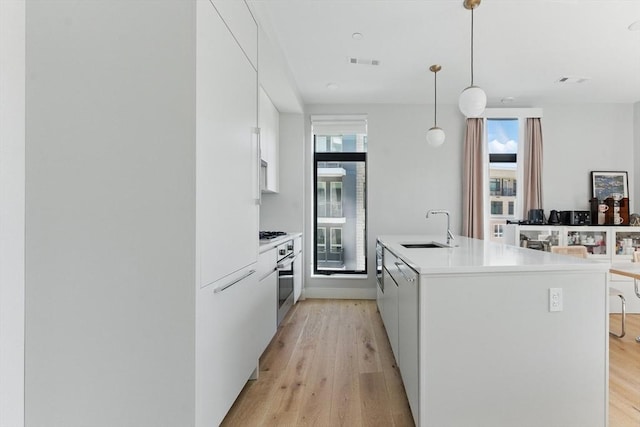 191 Washington St Unit 524, Boston, MA 02135 - kitchen featuring a sink, light wood-type flooring, white cabinetry, and modern cabinets