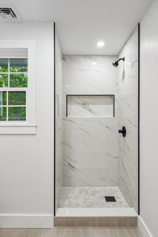 22 Longhill Rd, Ashland, MA 01721 - bathroom featuring a marble finish shower, baseboards, and recessed lighting
