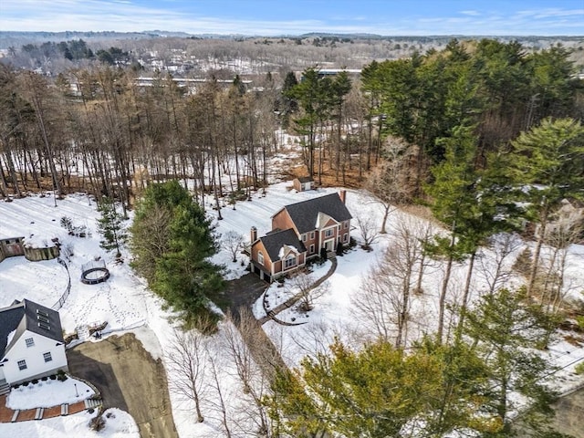 snowy aerial view with a wooded view