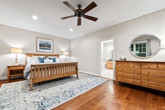 32 Rideout Rd, Hollis, NH 03049 - bedroom with hardwood / wood-style floors, recessed lighting, connected bathroom, and a ceiling fan