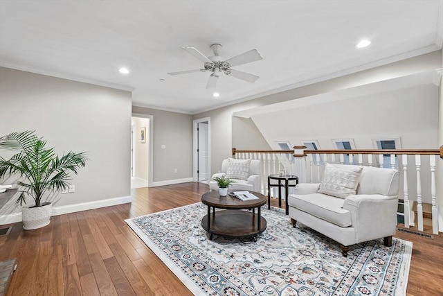 32 Rideout Rd, Hollis, NH 03049 - living area with ceiling fan, wood finished floors, ornamental molding, and recessed lighting