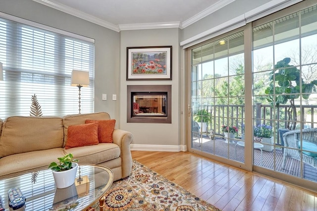 living area with light wood-style floors, baseboards, crown molding, and a fireplace
