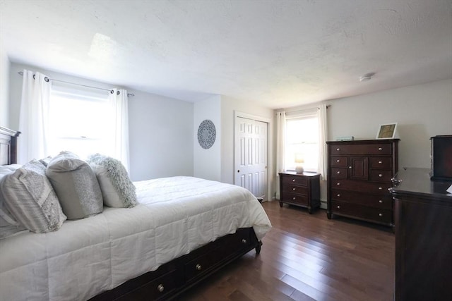 bedroom with dark wood-style flooring, a closet, and a baseboard radiator