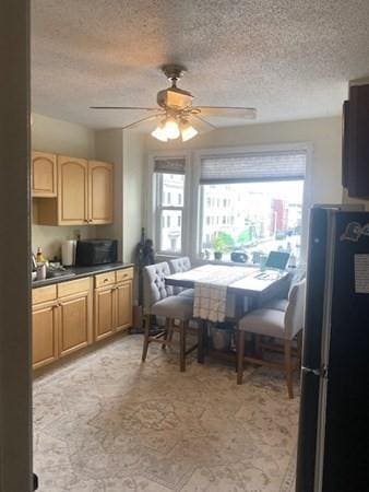 dining area with a ceiling fan and a textured ceiling
