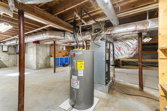 basement featuring heating unit and electric water heater