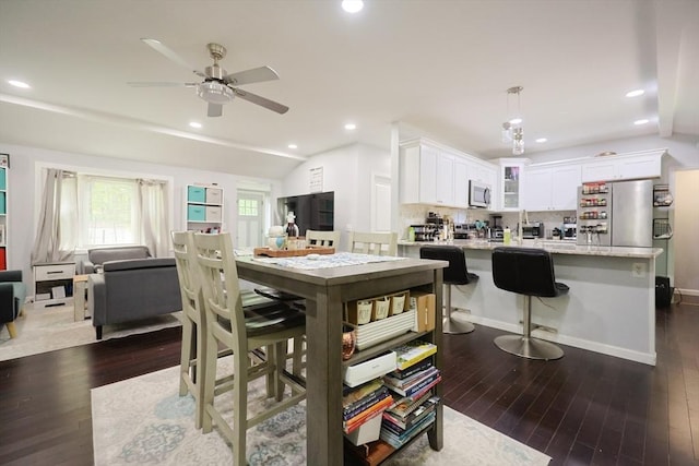 47 Leno Rd, Holland, MA 01521 - dining space with dark wood finished floors, a ceiling fan, lofted ceiling, and recessed lighting