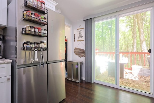 47 Leno Rd, Holland, MA 01521 - kitchen featuring freestanding refrigerator, dark wood-style floors, light stone counters, and white cabinets