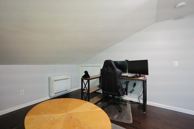 47 Leno Rd, Holland, MA 01521 - office area with vaulted ceiling, baseboards, hardwood / wood-style floors, and heating unit