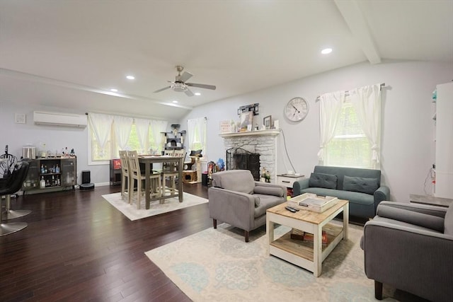 47 Leno Rd, Holland, MA 01521 - living area featuring a ceiling fan, plenty of natural light, wood finished floors, a fireplace, and recessed lighting