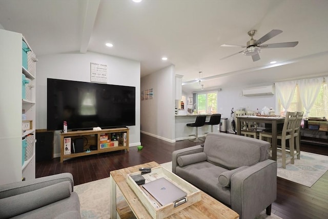 47 Leno Rd, Holland, MA 01521 - living room featuring a wall mounted air conditioner, wood finished floors, ceiling fan, baseboards, and recessed lighting