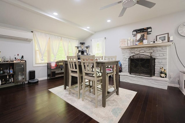 47 Leno Rd, Holland, MA 01521 - dining space featuring a wall unit AC, ceiling fan, wood finished floors, baseboards, and vaulted ceiling