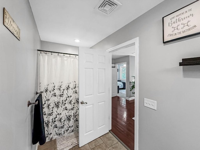 15 Stone Fence Dr, Derry, NH 03038 - bathroom featuring a shower with curtain, recessed lighting, and tile patterned flooring