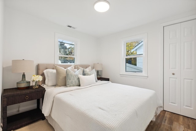 bedroom featuring multiple windows and dark hardwood / wood-style flooring