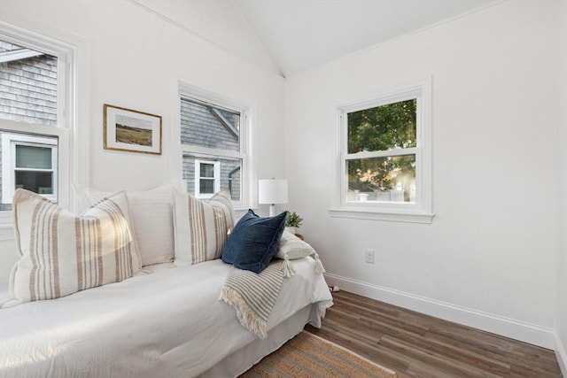 bedroom with lofted ceiling and hardwood / wood-style flooring