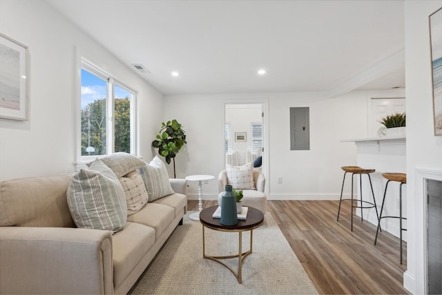 living room with hardwood / wood-style floors and electric panel