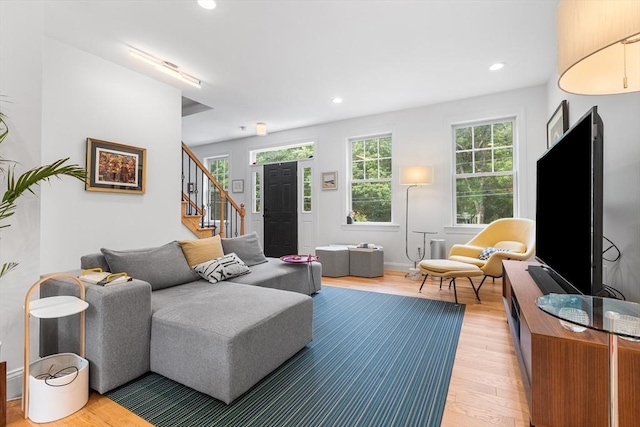 244 Prospect St, Easton, MA 02375 - living area with stairs, light wood finished floors, and recessed lighting