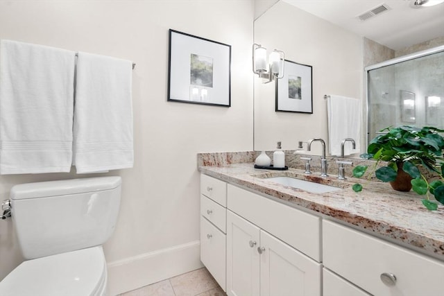 bathroom featuring visible vents, toilet, a shower stall, tile patterned flooring, and vanity