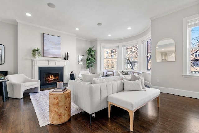 living area with baseboards, dark wood-type flooring, ornamental molding, and a fireplace with flush hearth