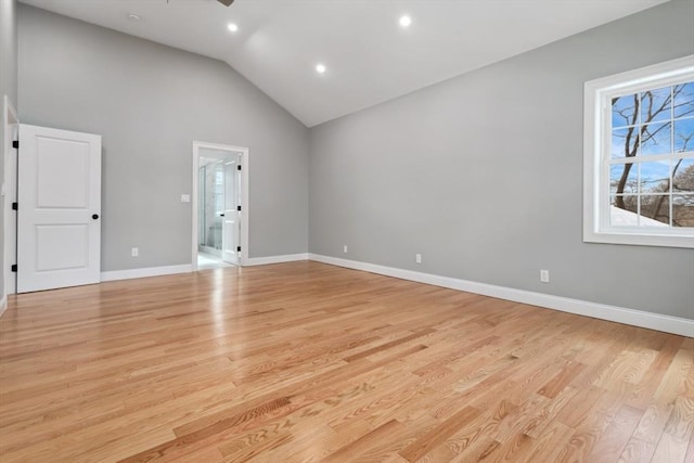 unfurnished room featuring ceiling fan, recessed lighting, light wood-type flooring, and baseboards