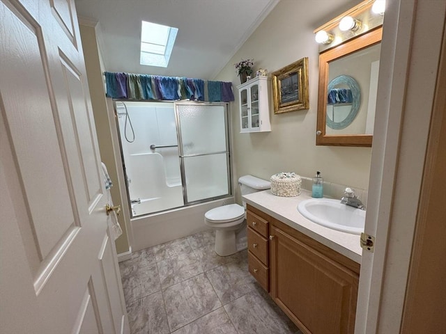 21 Deer Run, Brookfield, MA 01506 - bathroom featuring a skylight, vanity, enclosed tub / shower combo, toilet, and vaulted ceiling