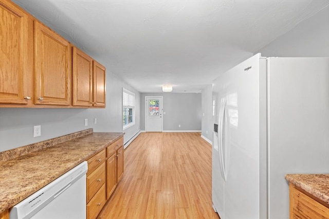 kitchen with white appliances, light wood-style floors, baseboards, baseboard heating, and light countertops