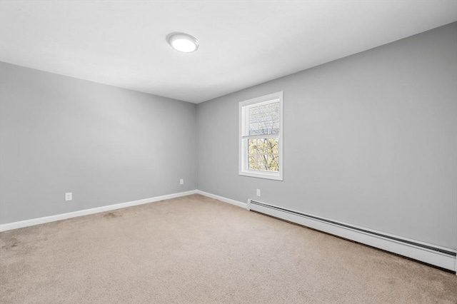 unfurnished room with carpet floors, baseboards, and baseboard heating