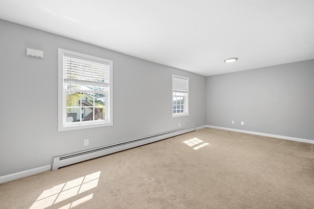 carpeted empty room with baseboards and baseboard heating