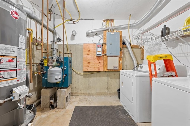 laundry room with water heater, electric panel, laundry area, and washing machine and clothes dryer