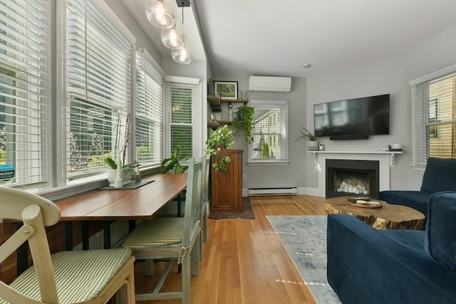 interior space featuring light wood-type flooring, a healthy amount of sunlight, a wall unit AC, and baseboard heating