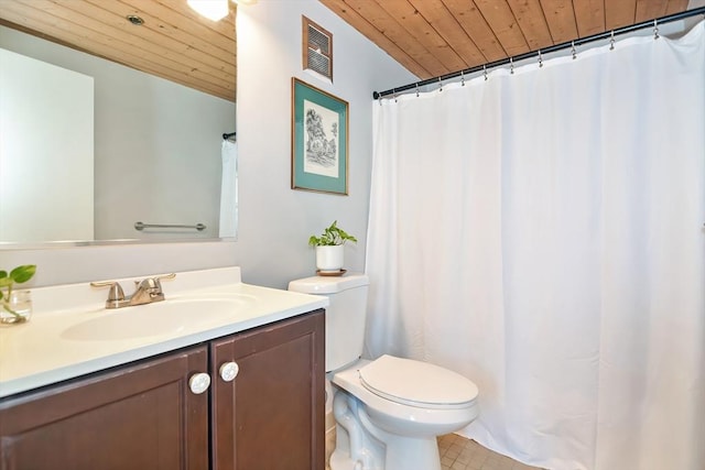 full bath with vanity, toilet, wood ceiling, and visible vents