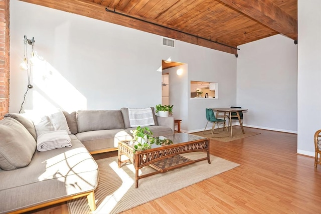 living room with visible vents, beam ceiling, wood ceiling, and wood finished floors