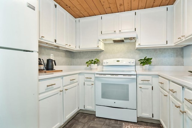 kitchen featuring under cabinet range hood, white appliances, white cabinets, and light countertops