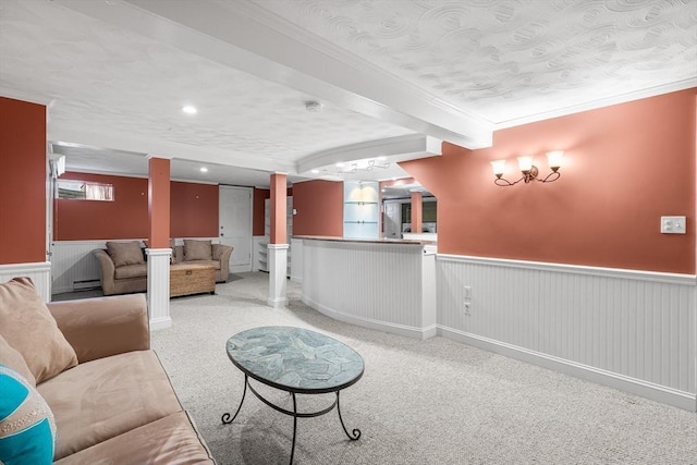 interior space featuring light carpet, crown molding, a textured ceiling, and baseboard heating