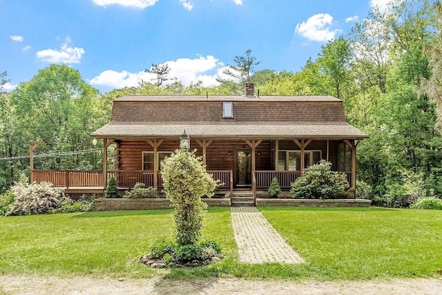 40 Lombard Rd, Hubbardston, MA 01452 - log home featuring a front lawn, covered porch, a shingled roof, log exterior, and a chimney