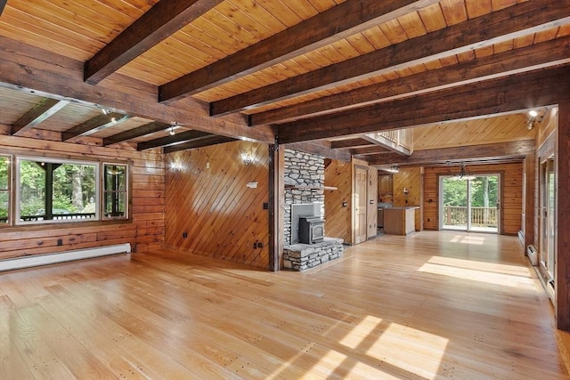 40 Lombard Rd, Hubbardston, MA 01452 - unfurnished living room featuring wood-type flooring, wooden walls, wood ceiling with exposed beams, a baseboard heating unit, and a stone fireplace