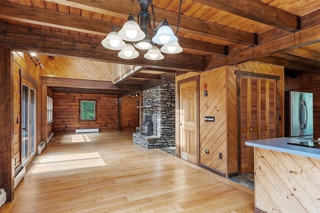 40 Lombard Rd, Hubbardston, MA 01452 - unfurnished dining area featuring wooden walls, light wood-style floors, a chandelier, wooden ceiling with exposed beams, and a baseboard radiator