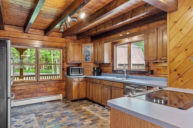 40 Lombard Rd, Hubbardston, MA 01452 - kitchen featuring baseboard heating, a sink, wood walls, wooden ceiling with exposed beams, and appliances with stainless steel finishes