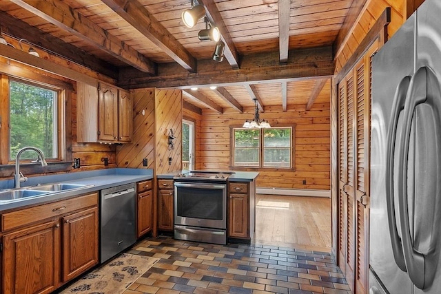 40 Lombard Rd, Hubbardston, MA 01452 - kitchen featuring appliances with stainless steel finishes, wooden ceiling with exposed beams, a sink, plenty of natural light, and a baseboard radiator