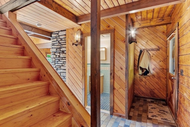 40 Lombard Rd, Hubbardston, MA 01452 - stairs with wood walls and wooden ceiling with exposed beams