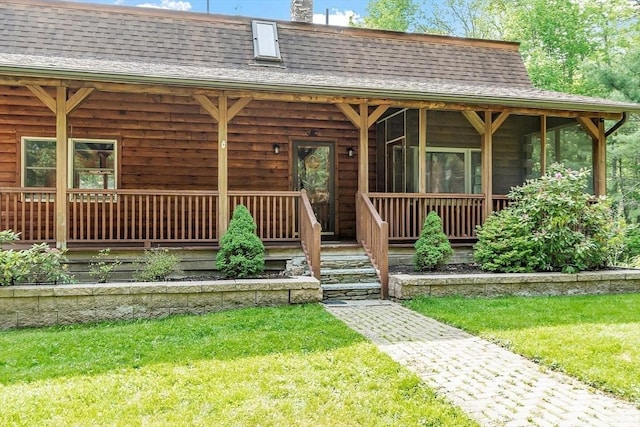 40 Lombard Rd, Hubbardston, MA 01452 - view of front of home with a shingled roof, a front lawn, a porch, and a chimney