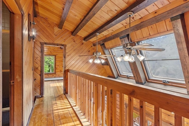 40 Lombard Rd, Hubbardston, MA 01452 - hall featuring wood walls, hardwood / wood-style flooring, wood ceiling with exposed beams, and an upstairs landing