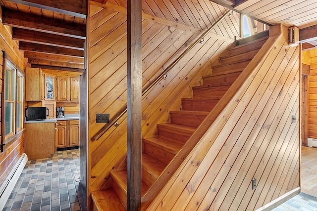 40 Lombard Rd, Hubbardston, MA 01452 - staircase featuring baseboard heating, wood walls, and wooden ceiling with exposed beams