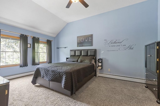 51 Carrie Ann Ln, Fitchburg, MA 01420 - carpeted bedroom featuring a baseboard heating unit, vaulted ceiling, and ceiling fan