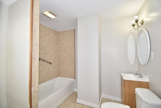 full bath featuring toilet, tile patterned flooring, vanity, shower / bath combination, and baseboards