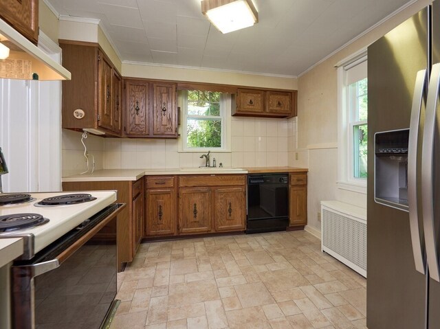 kitchen with tasteful backsplash, stainless steel fridge with ice dispenser, extractor fan, black dishwasher, and white range with electric stovetop