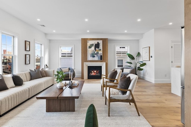 living room featuring a large fireplace and light wood-type flooring