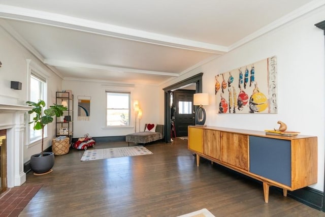 interior space with crown molding, beam ceiling, a fireplace with flush hearth, and wood finished floors