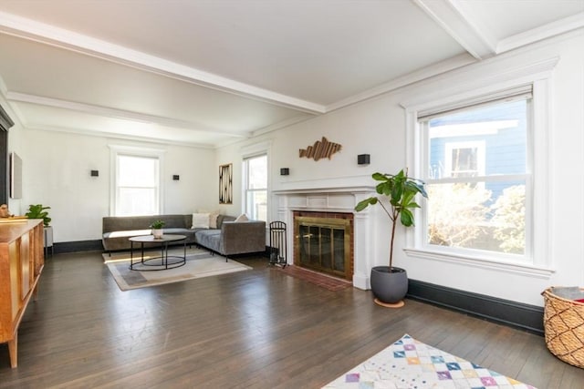 living area featuring ornamental molding, a fireplace, beam ceiling, and wood finished floors