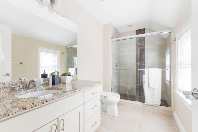 full bath featuring vanity, a shower stall, toilet, and tile patterned floors